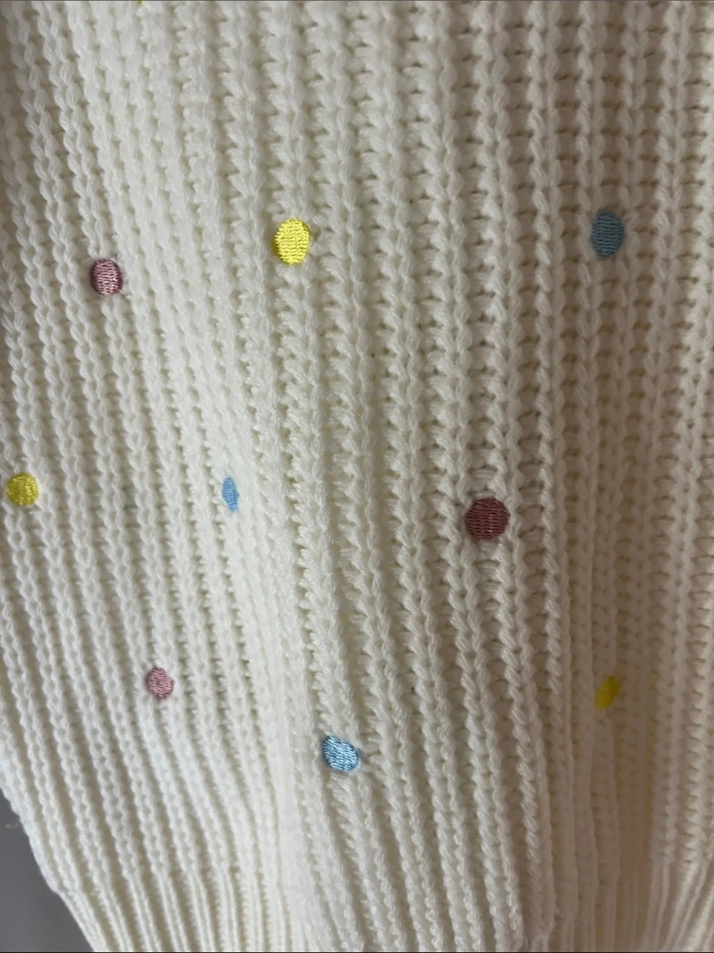 English Factory Short Puff Sleeve Cream Sweater Yellow, Blue, Pink Polka Dots S